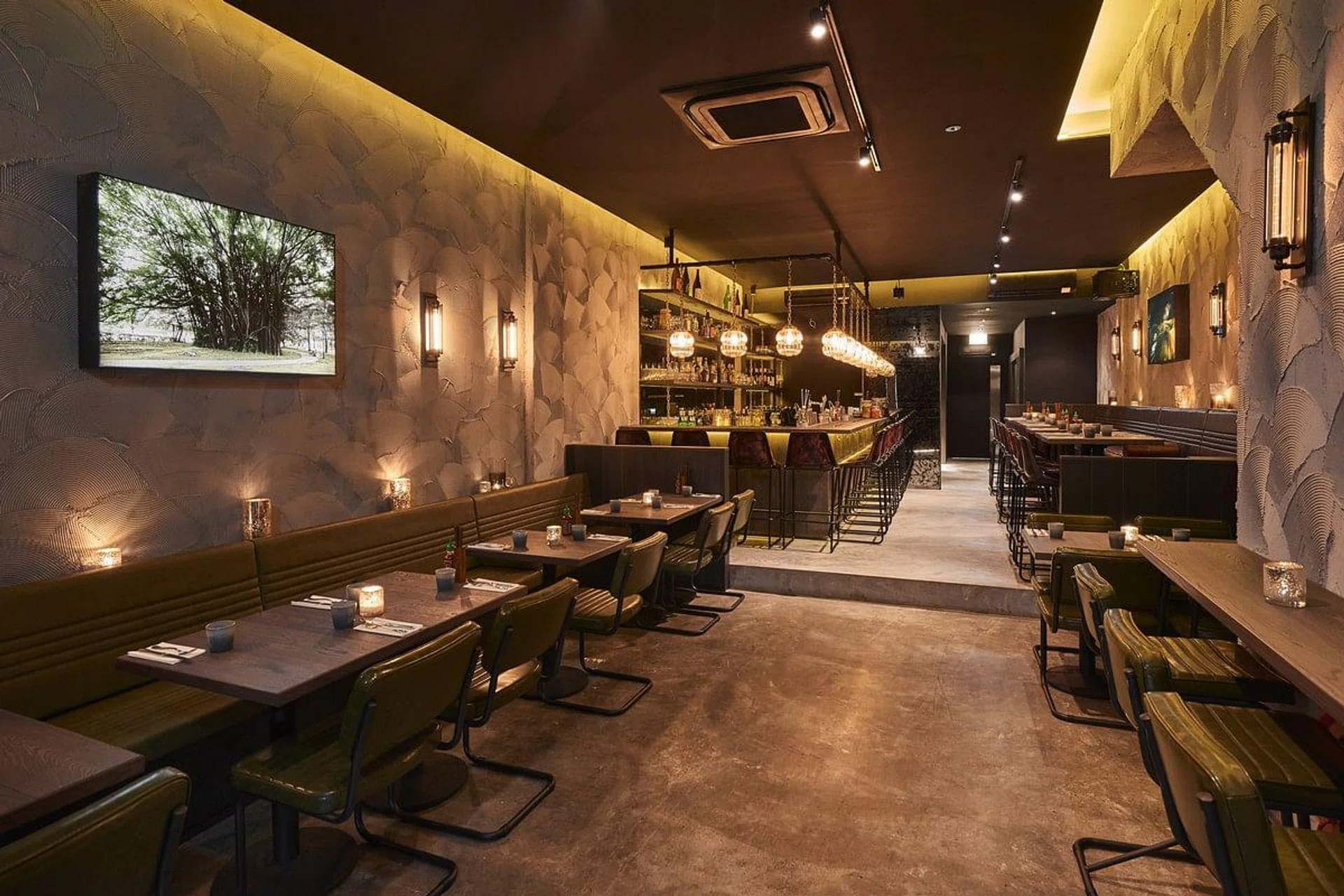 The dim interiors is a cheeky play on Singapore’s ‘concrete jungle’ with textured concrete walls and lightbox fixtures of nature photography in Singapore.