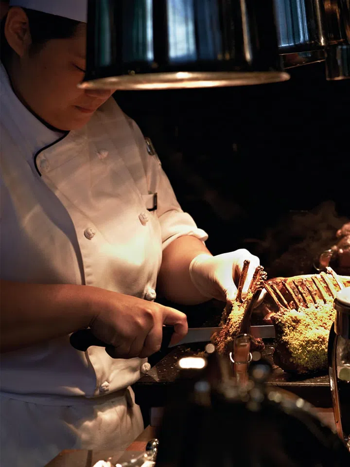 Lime's buffet includes prime items such as rack of lamb. Some, like the foie gras, are cooked on the spot.