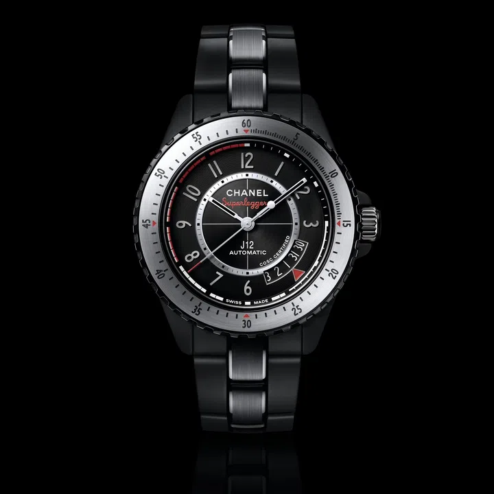Chanel J12 Superleggera Caliber 12.1 42mm with a matte black ceramic case and bracelet, black dial and red accents.
