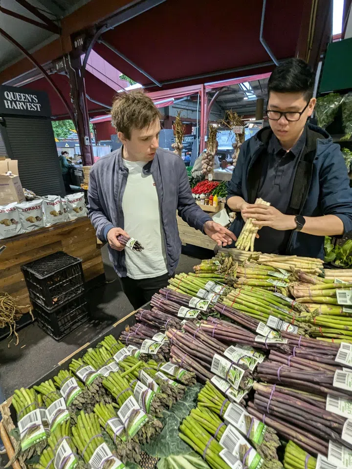 Chefs from Atria checking out Koo Wee Rup asparagus at Queen Victoria Market. (Photo: Kenneth SZ Goh)