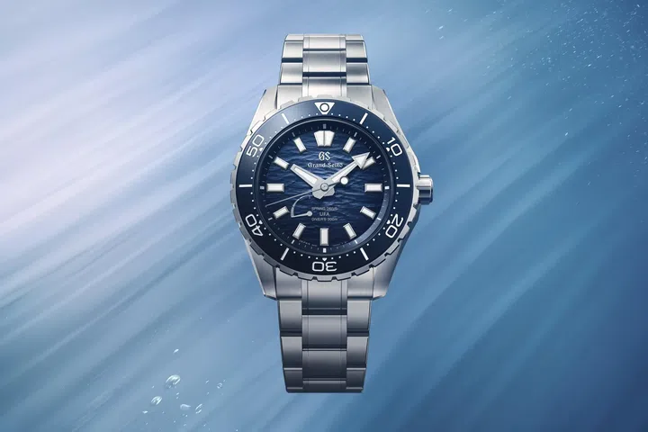 Grand Seiko Ushio diver watch in 40.8mm high-intensity titanium case with textured blue dial and ultra-precise Spring Drive movement