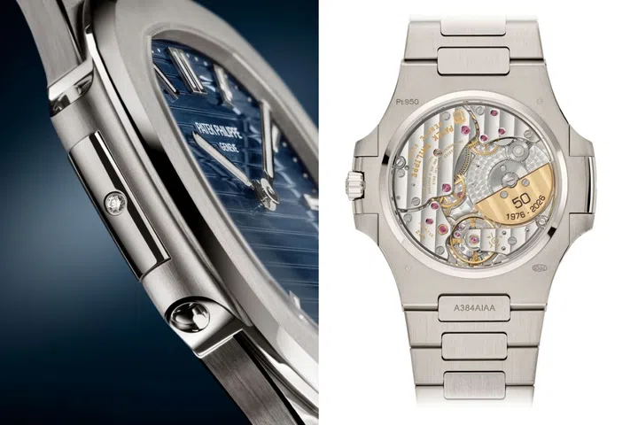 Side and caseback views of the Patek Philippe Nautilus 50th anniversary Ref. 5610/1P-001, showing its slim platinum case and bracelet, and calibre 240 with 22K gold mini-rotor engraved “50 1976 – 2026”.