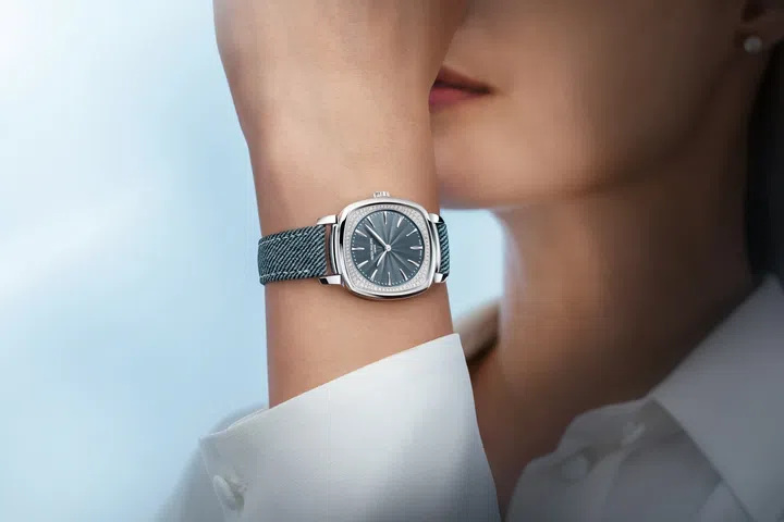 Patek Philippe Gondolo Ladies First Ref. 7043G-001 worn on a model’s wrist, showing its compact fit and blue-grey dial.