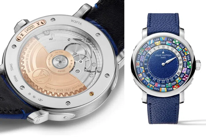 Close-up of the Louis Vuitton Escale Worldtime in a 40mm platinum case, featuring a miniature-painted world-time ring with colourful flag motifs representing 24 cities, a grained blue central dial inspired by Monogram canvas, and a blue leather strap.