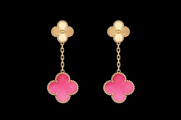 Van Cleef & Arpels Magic Alhambra 2-motif earrings in pink enamel and guilloché yellow gold