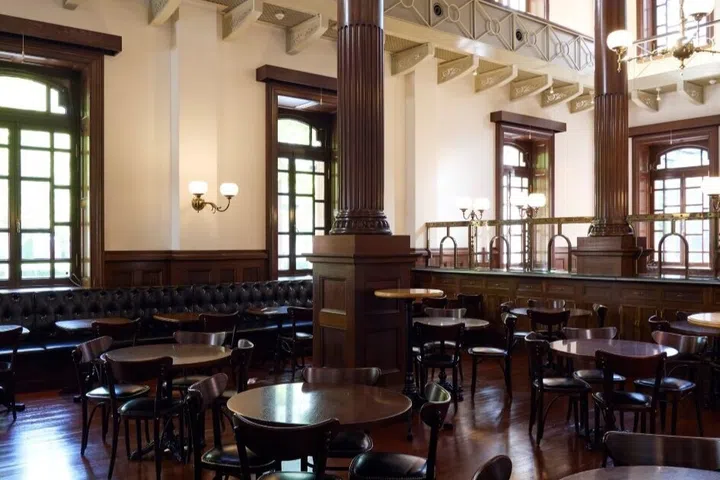 The elegant interior of Café 1894 features soaring ceilings and period details that transport visitors to Tokyo’s Meiji-era embrace of Western architecture and design.