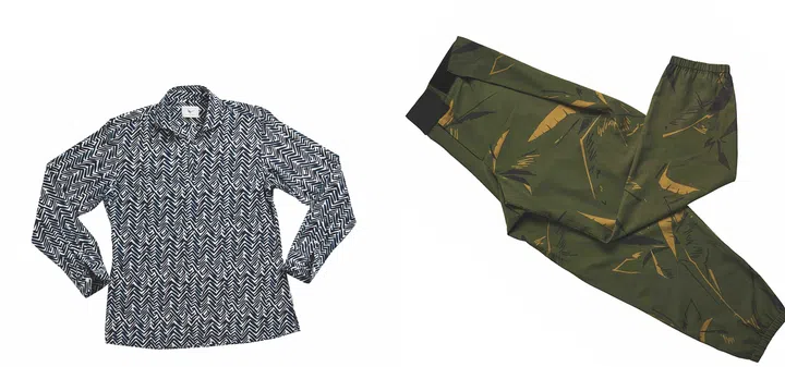Printed shirt from Composure and printed joggers from Salvatore Ferragamo.