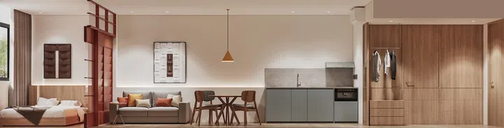 In the deluxe rooms, timber louvre screens separate the sleeping quarters from the rest of the living area. (Photo: FARM)