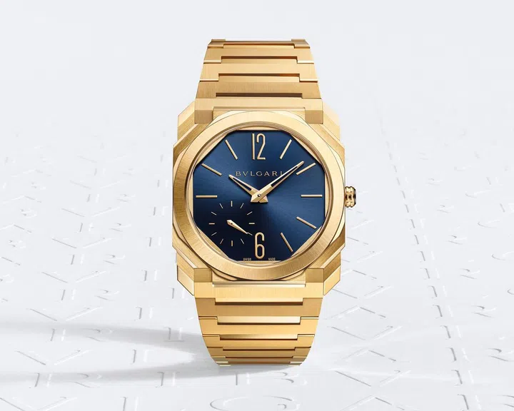 Bulgari’s Octo Finissimo Automatic in yellow gold boasts a striking blue lacquered dial with sunburst finish, gilded hands and hour indices (Photo: Bulgari)