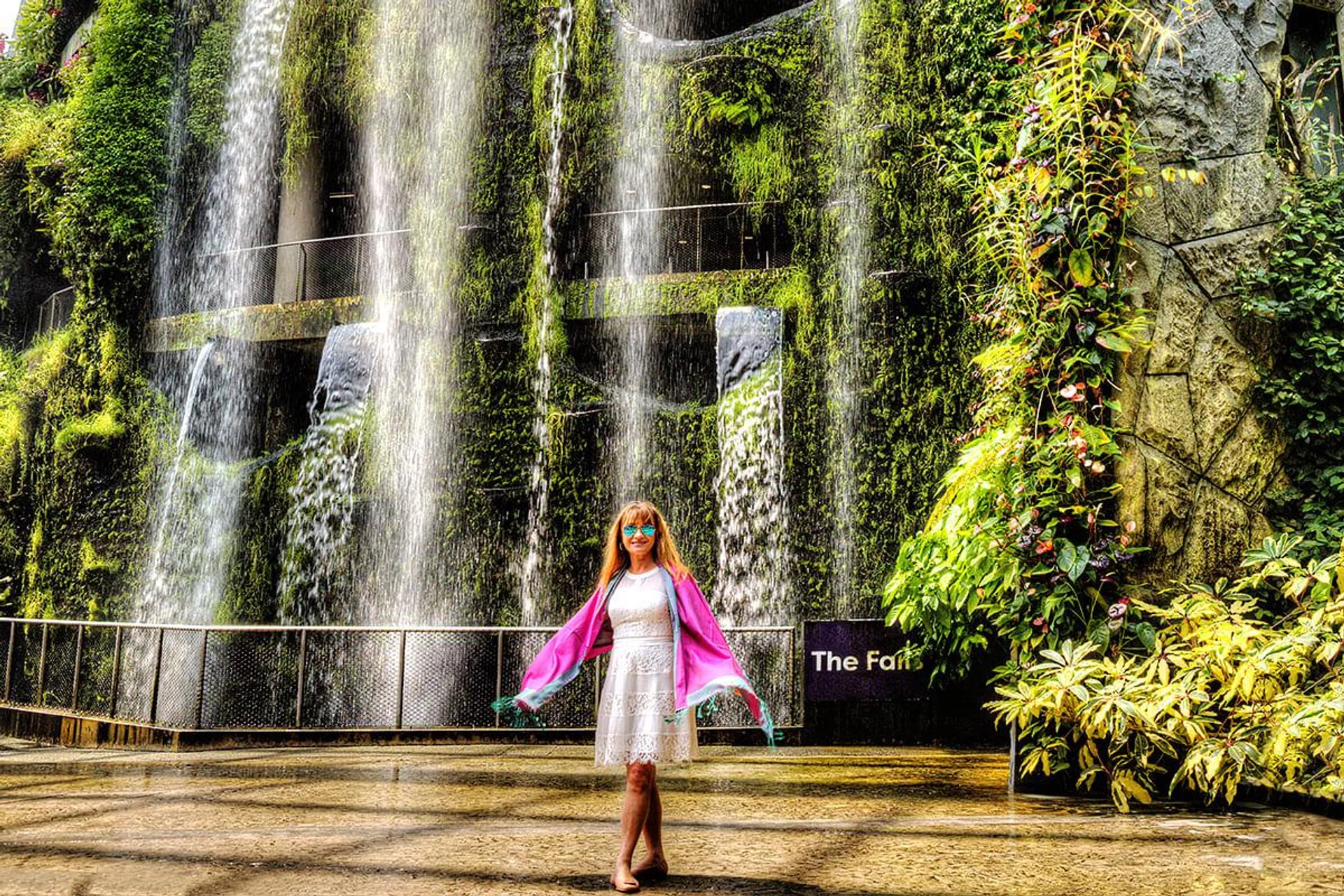Jane Seymour at the Cloud Forest waterfall, Gardens by the Bay.
