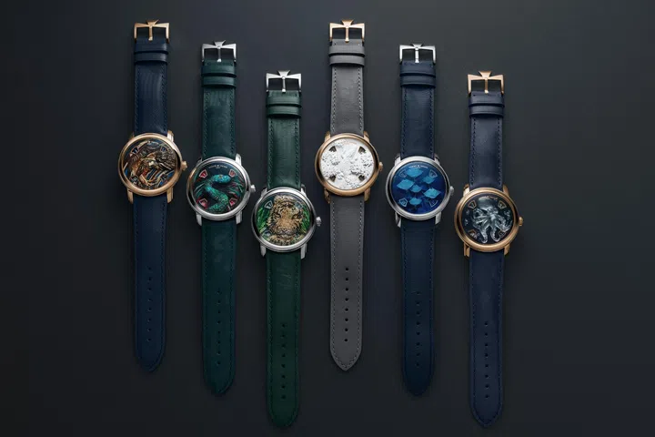 Six Vacheron Constantin Métiers d’Art Tribute to the Animal Kingdom watches featuring crocodile, manta ray, snake, octopus, tiger and falcon motifs crafted using six different decorative techniques.