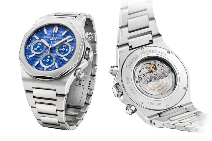 Front and back views of the Girard-Perregaux Laureato Chronograph Williams Edition 42mm, showing its blue dial, three chronograph counters and automatic movement.