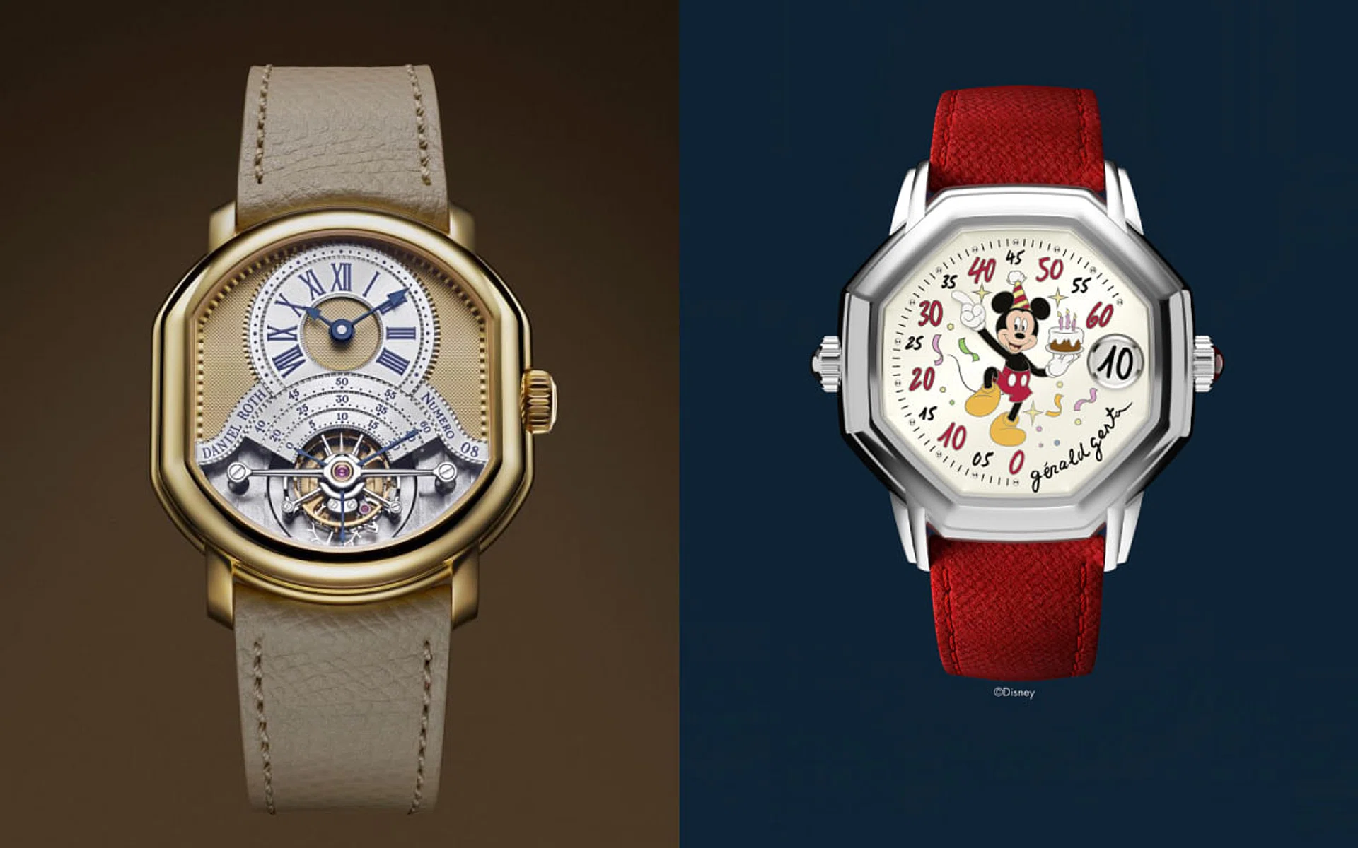 (From left to right) Daniel Roth Tourbillon Souscription or Gérald Genta Mickey Mouse Minute Repeater. (Photos: Daniel Roth, Gérald Genta)