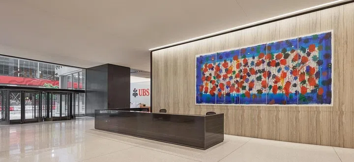 Installation view of the UBS Art Gallery at 1285 Avenue of the Americas, New York.

Howard Hodgkin, As Time Goes By (blue), 2009, sugar lift aquatint, carborundum and hand painting. UBS Art Collection. (Photo: Howard Hodgkin Estate and Alan Cristea Gallery, London)