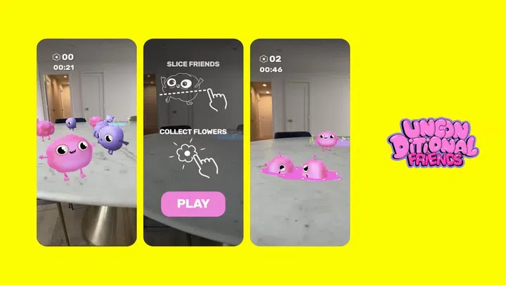 Unconditional Friends is a magical challenge-based game where friends compete to collect rewards, score points and earn the top spot in the match. (Photo: Snap Inc.)