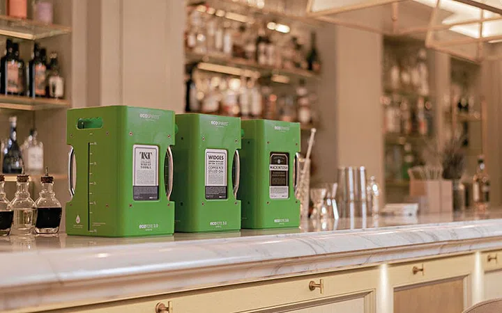 EcoSPIRITS, a distribution system that uses reusable containers for wine and spirits, is used at establishments such as 28 HongKong Street in Singapore and IL Borro in London.