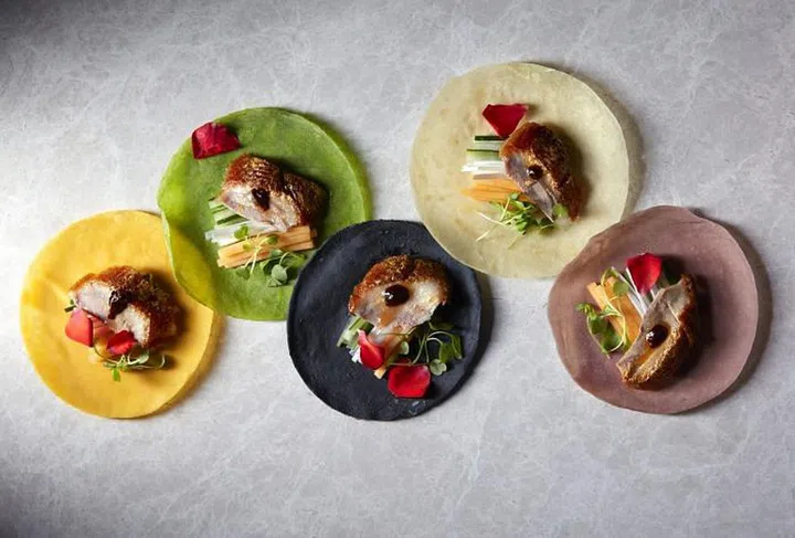 Golden Roast Duck with Rose & Fermented Bean Sauce & Rainbow Pancakes