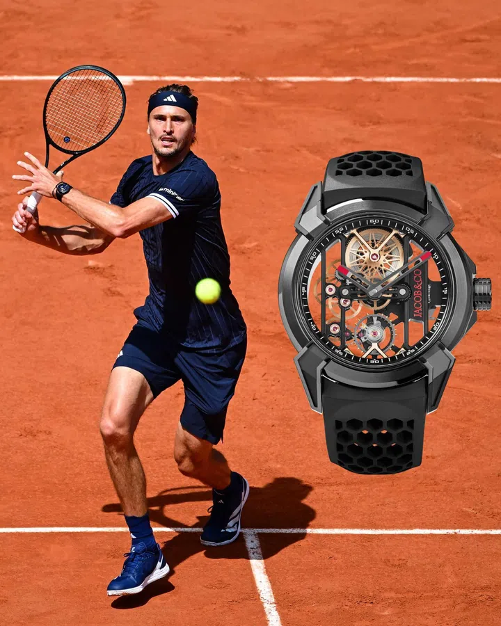 Alexander Zverev competed at Roland-Garros 2026 wearing the Jacob & Co. Epic X Skeleton Black Titanium, a lightweight skeletonised sports watch designed for high-performance play.