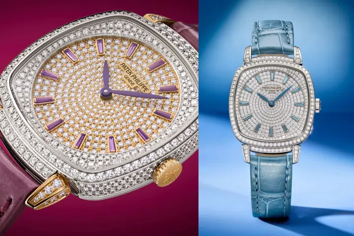 Patek Philippe Gondolo Ladies First Joaillerie Ref. 7043/250GR-001 with purple accents beside the Ref. 7043/250G-001 with blue accents, both featuring fully diamond-set dials and cases.