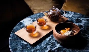 Club Gascon in London teamed up with JING Tea. Here, Forest mushroom broth with cured egg yolk is paired with Yunnan gold tea.