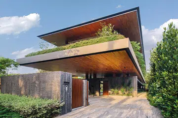 The expanse of the house is hidden from view.