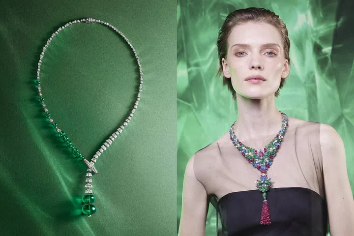 Cartier Le Choeur des Pierres Solenara and Tutti Kanya necklaces, featuring emeralds in contrasting geometric and colourful carved-gemstone designs.