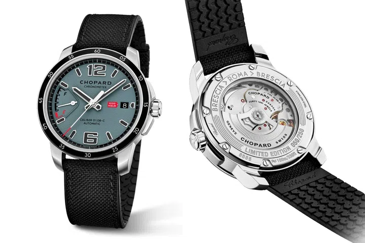 Front and back views of the Chopard Mille Miglia GTS Power Control Grigio-Blu – 2026 Racing Edition, showing its blue-grey dial and mechanical movement through the caseback.