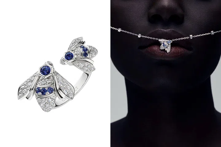 Chaumet Bee de Chaumet pendant and toi et moi ring with diamond pavé bees in yellow and white gold, including blue sapphire accents.
