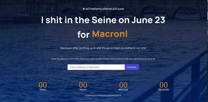 A screenshot of the #JeChieDansLaSeineLe23Juin website includes a calculator that allows French people to key in their location to see when they should defecate in the Seine. (Photo: jechiedanslaseinele23juin.fr)