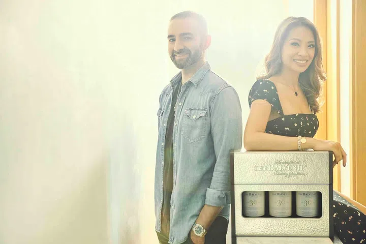 Ruchdi Hajjar with his partner Mary Rose, pictured with The Balvenie x Royal Selangor collector's box.