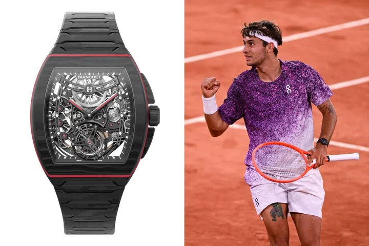 Italian tennis star Flavio Cobolli celebrates a point during the 2026 Roland-Garros final while wearing the Bianchet UltraFino Tonneau flying tourbillon in high-density carbon on his wrist.