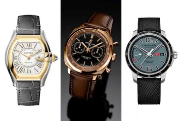Watches made to accompany the pleasure of driving: Cartier Roadster, Breitling Top Time B01 Chronograph 41 Tribute to Aston Martin DB5, and Chopard Mille Miglia GTS Power Control Grigio-Blu