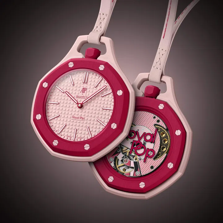 Every Royal Pop model carries references to Audemars Piguet’s iconic Royal Oak, including the Petite Tapisserie dial pattern and eight-sided shape with eight visible screws