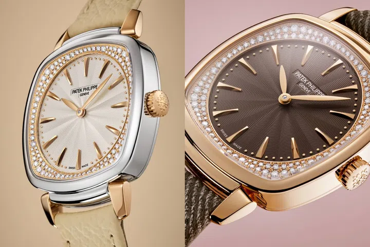 Patek Philippe Gondolo Ladies First Ref. 7043GR-001 with silvery opaline dial beside the Ref. 7043R-001 with chestnut opaline dial.