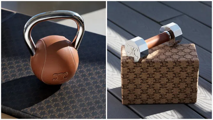 From left: A 4kg kettlebell and a pair of dumbbells on a yoga brick. (Photos: Celine by Hedi Slimane)
