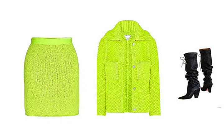The wool knit cardigan top and wool knitted skirt are from Bottega Veneta. The leather boots are from Tory Burch.