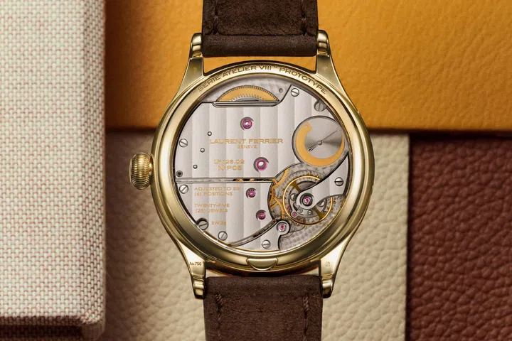 Back view of the Laurent Ferrier Classic Moon Dusk – Série Atelier moon phase watch, powered by the manually wound LF126.02 movement