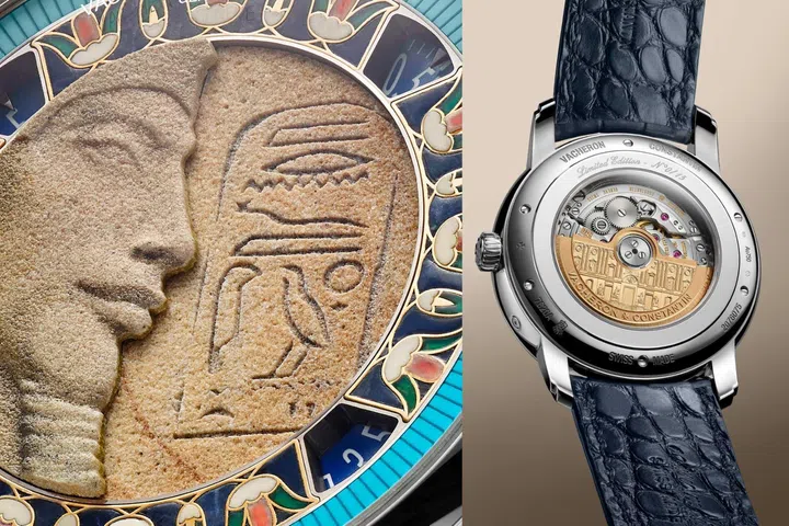 Vacheron Constantin Métiers d’Art Tribute to Great Civilisations – Buste d’Akhénaton in white gold with carved Sinai limestone sandstone dial, turquoise friezes, and blue alligator strap.