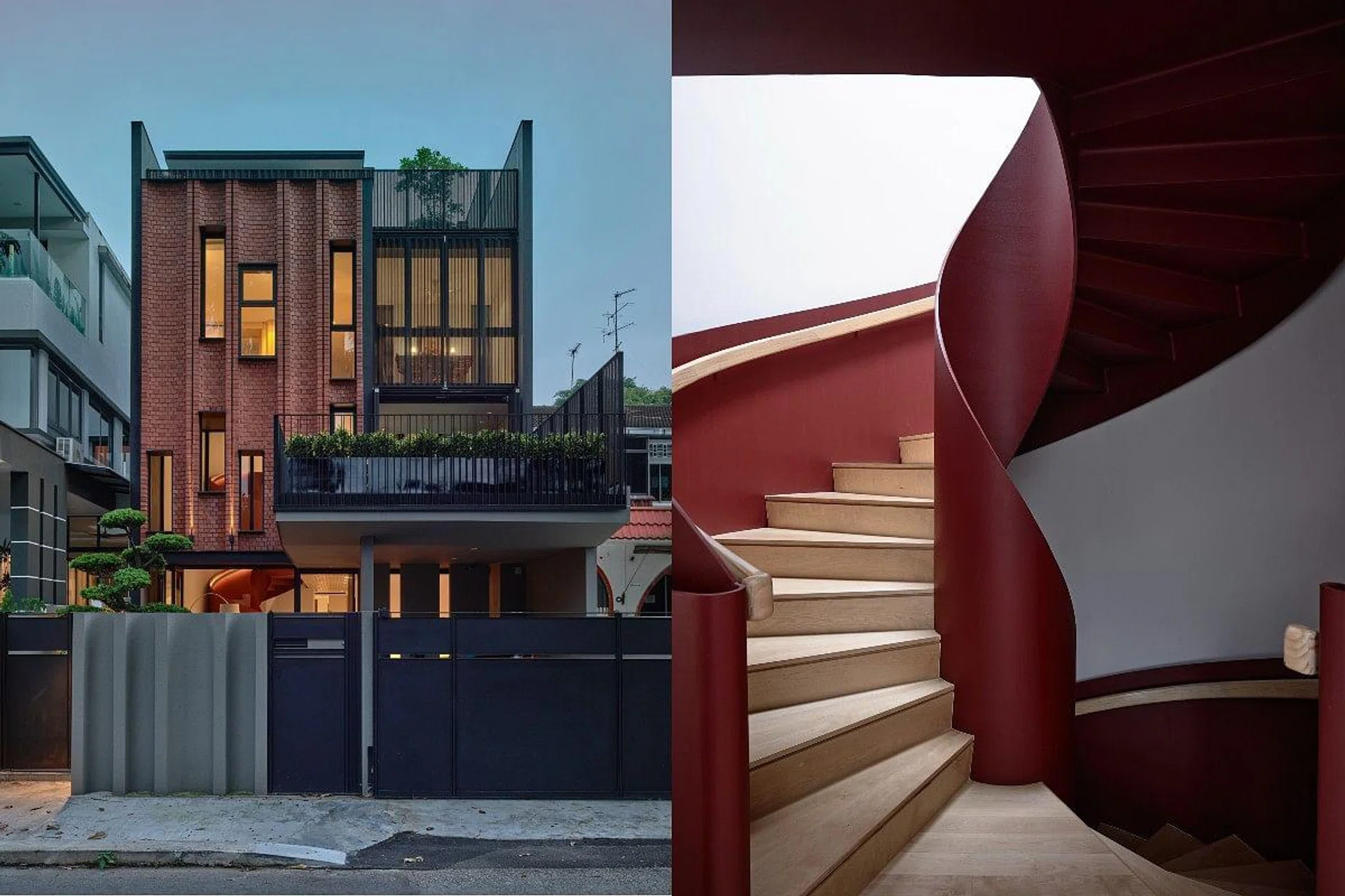 The red brick facade and red staircase within. (Photo: Derek Swalwell)