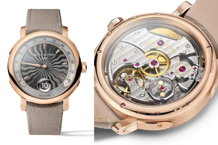 Close-up of the Louis Vuitton Escale Minute Repeater in 40mm rose gold, featuring a grey flammé guilloché dial with jumping hours at six o’clock, a retrograde minute display, and trunk-inspired lugs concealing the minute-repeater slide.