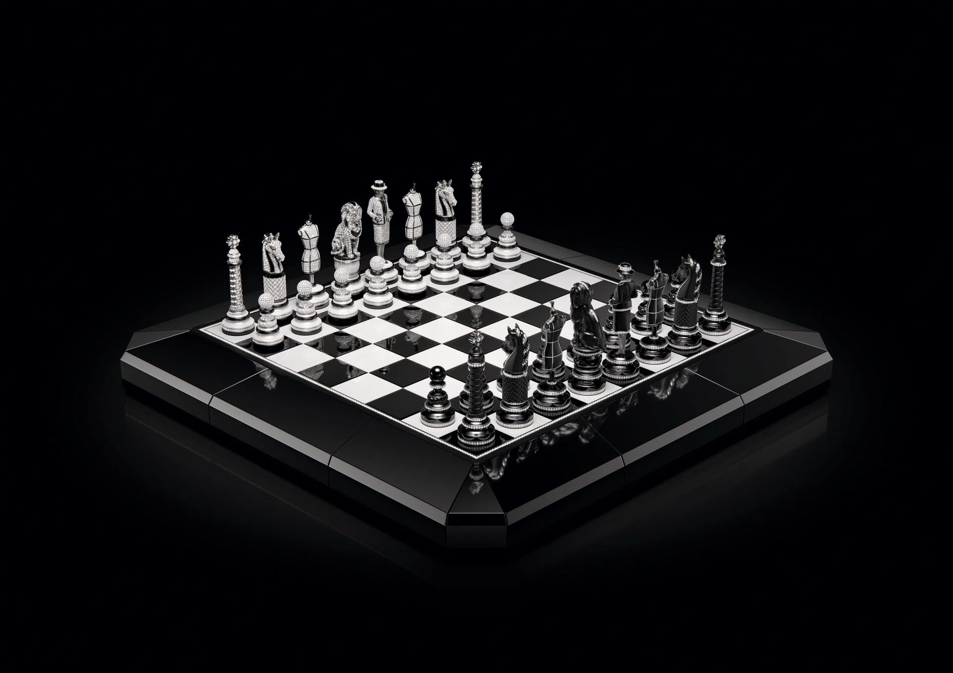 The Chanel Coco Game chessboard featuring black and white ceramic squares, diamond-set chess pieces inspired by Chanel motifs, and an obsidian base.