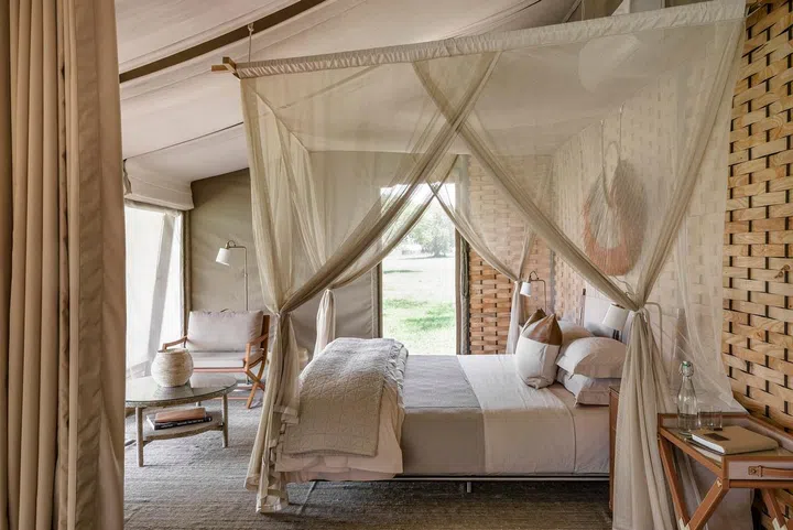 The bedroom in the Singita Sabora Tented Suite.