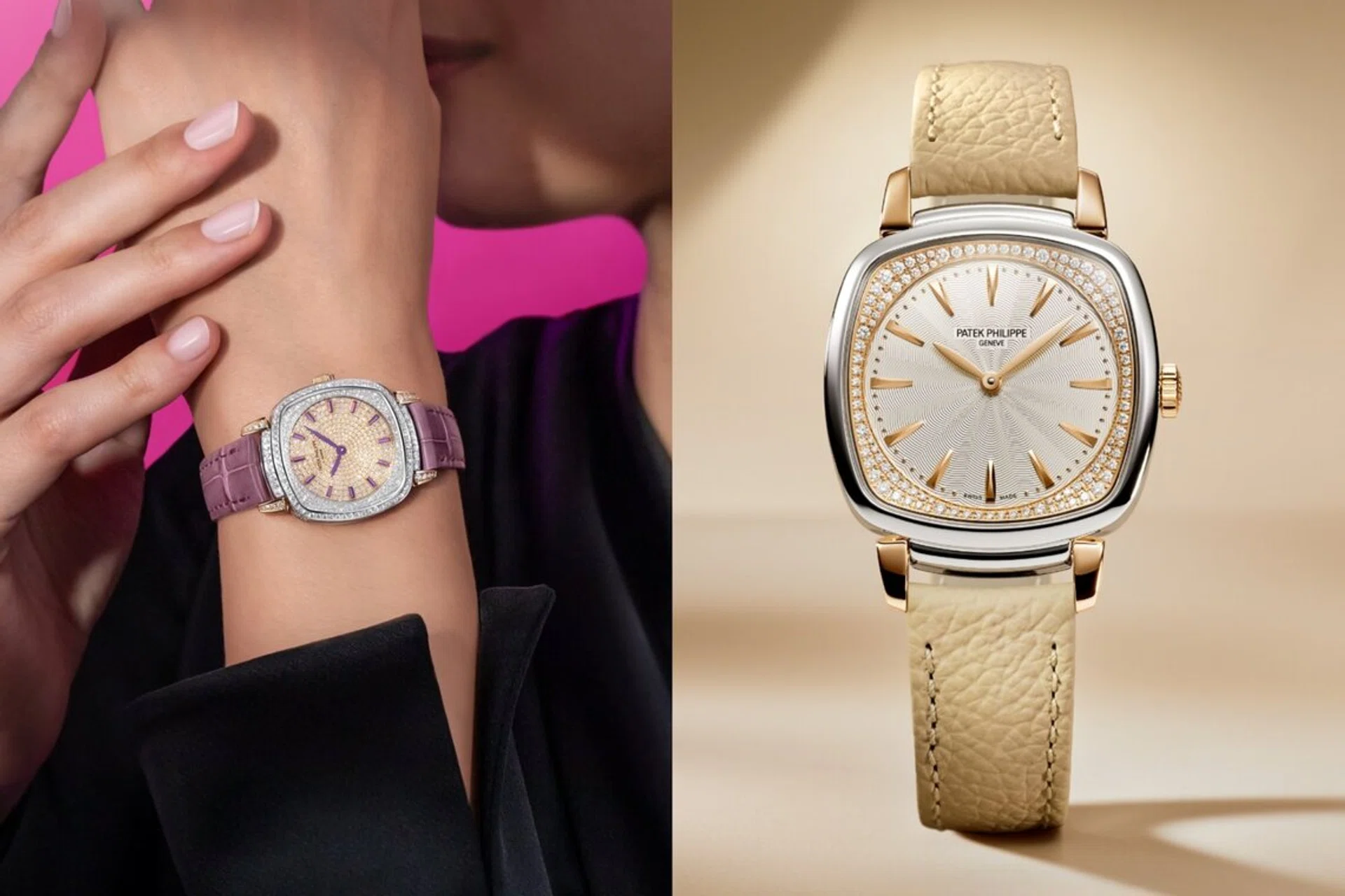 Patek Philippe Gondolo Ladies First Ref. 7043/250GR-001 (left) and Ref. 7043GR-001