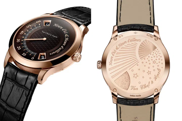 Front and back views of the Van Cleef & Arpels Midnight Heure d’Ici & Heure d’ailleurs watch in a 38mm rose-gold case. The front showcases twin jumping-hour displays, a retrograde minute hand and a richly textured amber enamel dial with a radiating guilloché motif, while the reverse reveals the automatic movement through a sapphire crystal caseback.