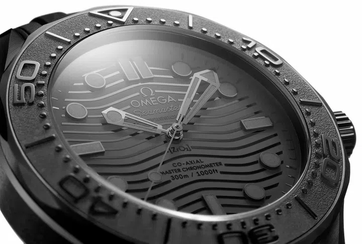 A close-up view of the Omega Seamaster 300M Black Black.