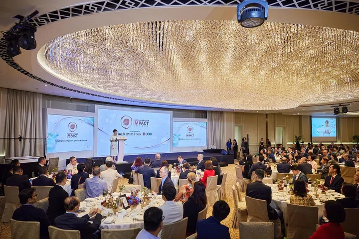 Minister for Sustainability and the Environment Grace Fu addressing the room at the Sustainability Impact Awards 2023. (Photo: The Business Times)