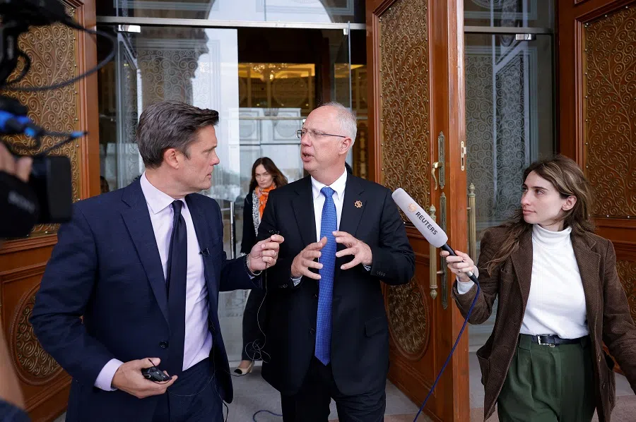 The head of Russia’s sovereign wealth fund Kirill Dmitriev speaks to members of the media as he leaves a hotel, after the US-Russia talks in Riyadh, Saudi Arabia,  on 18 February 2025. (Maxim Shemetov/Reuters)