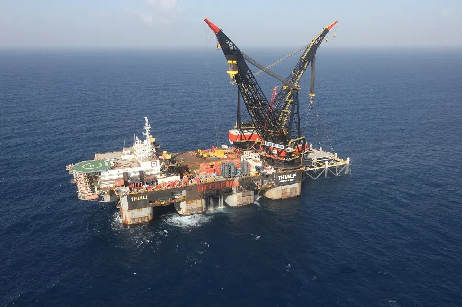 The newly arrived foundation platform of Leviathan natural gas field off the coast of Haifa, developed by US-Israel partners. (Marc Israel Sellem/Pool/Reuters File Photo)