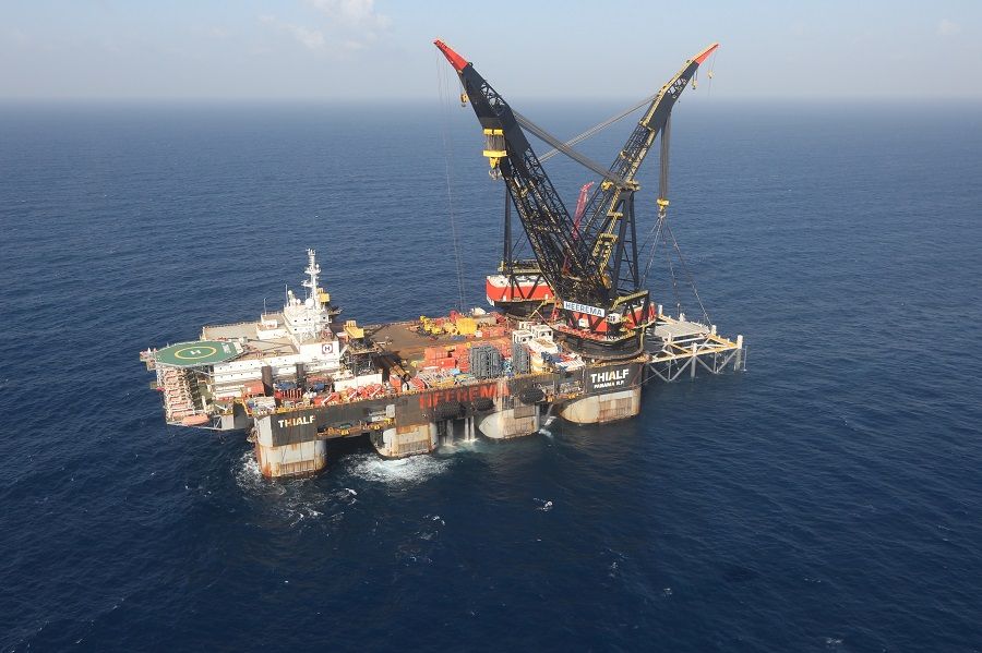 The newly arrived foundation platform of Leviathan natural gas field off the coast of Haifa, developed by US-Israel partners. (Marc Israel Sellem/Pool/Reuters File Photo)