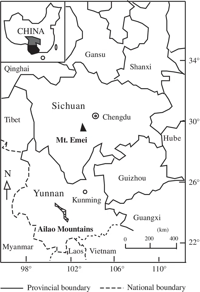 The location of the Ailao Mountains and Mount Emei in southwestern China. (Cindy Q. Tang/ResearchGate)